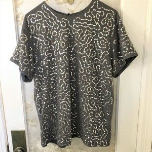 Express Gray Sequin Short Sleeve Scoop Neck Dressy Top- Size L